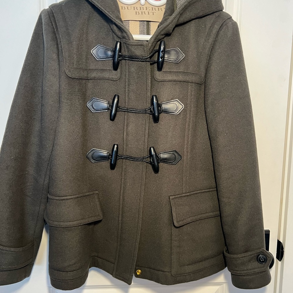 Burberry Olive Green Wool Toggle Pea Coat
